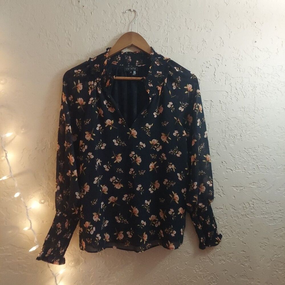 1. State Navy Blue/Pink Floral V-neck Chiffon Lantern Sleeve Blouse Sz XS